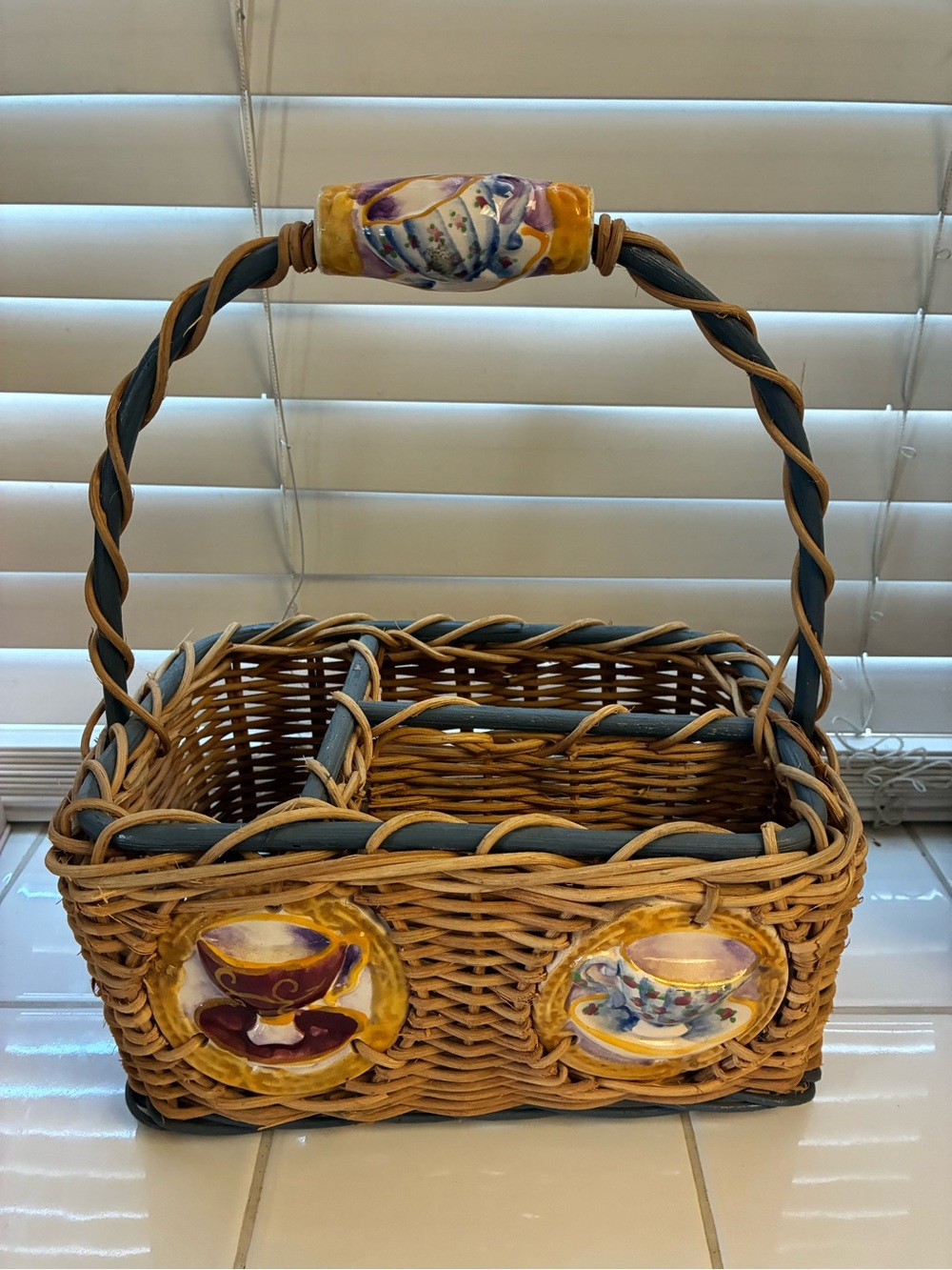 Woven Decorative Tea Motif Basket - Yellow and Blue